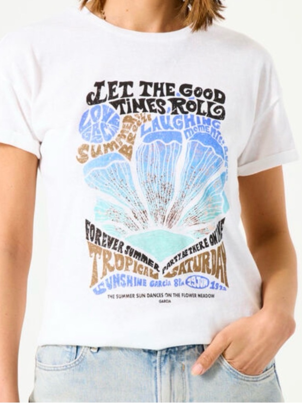 GARCIA "Let The Good Times Roll" Retro Graphic Tee White XXL Black Boho Festival